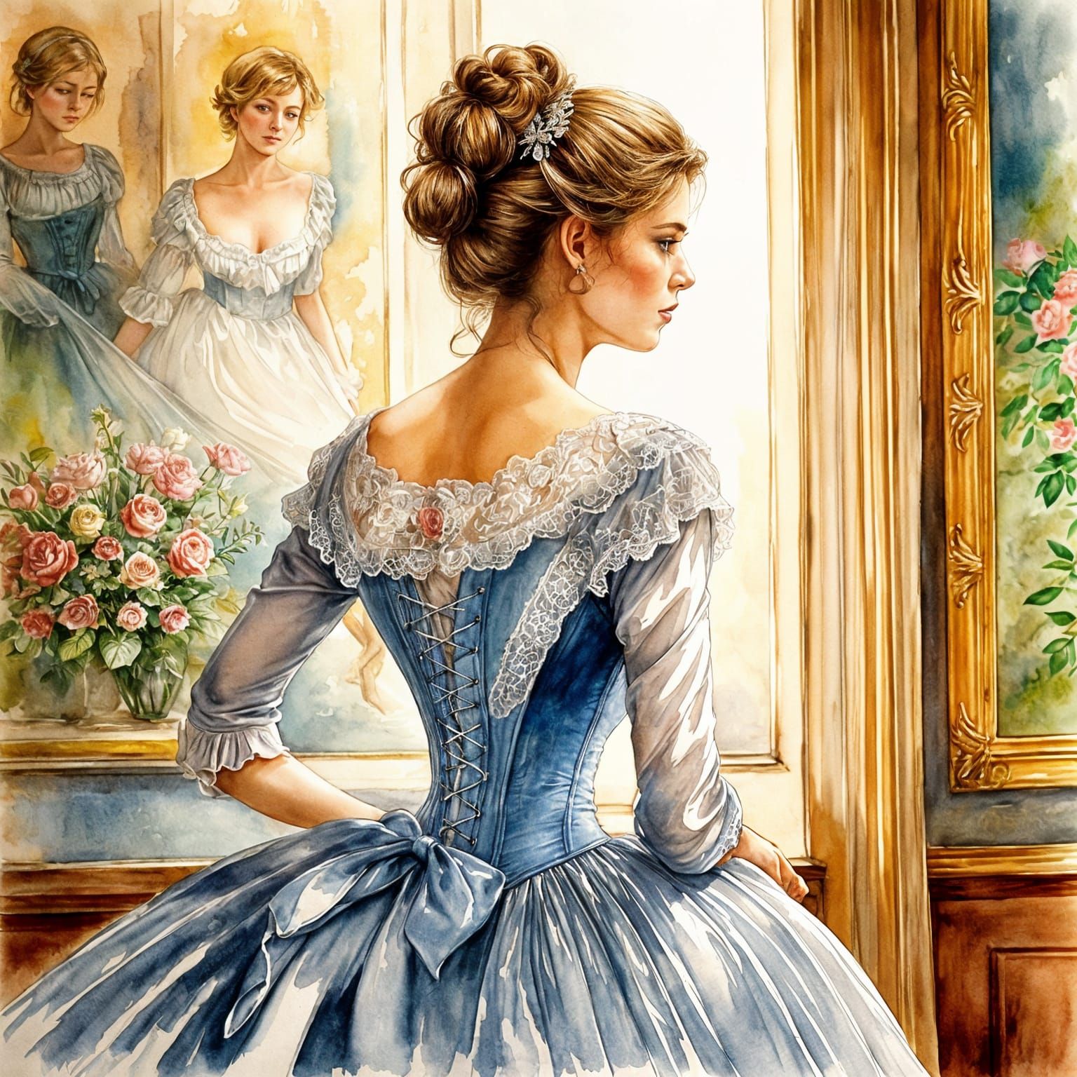 Watercolor Portrait of a French Woman in 1800s Royal Attire