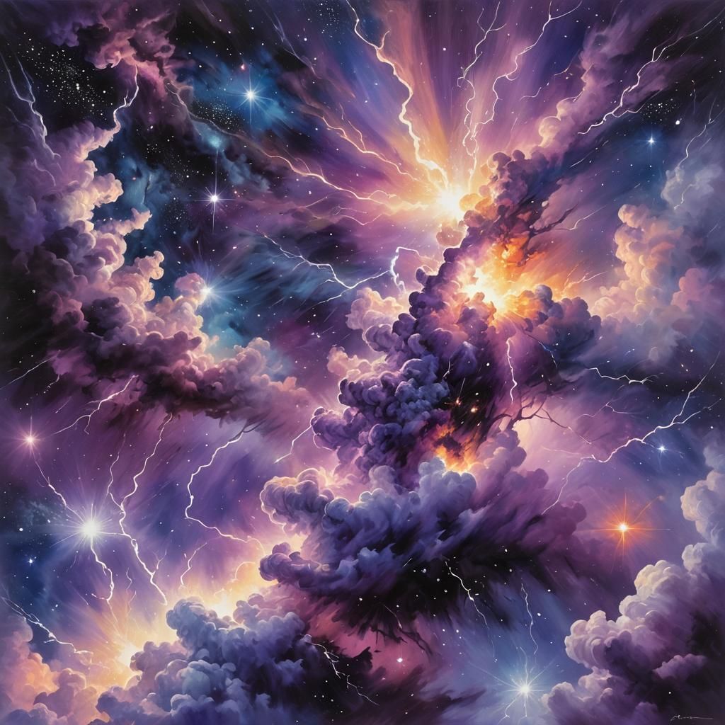 Cosmic Explosion with Purple Lightning, Oil Painting