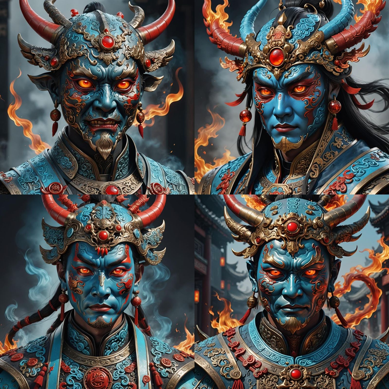 a chinese character in a fiery costume with red eyes, in the...