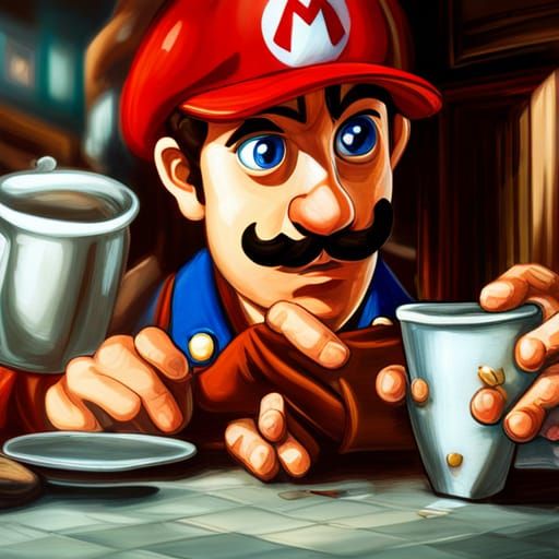 Hyperrealistic Portrait of Sleepy Super Mario Drinking Coffe...
