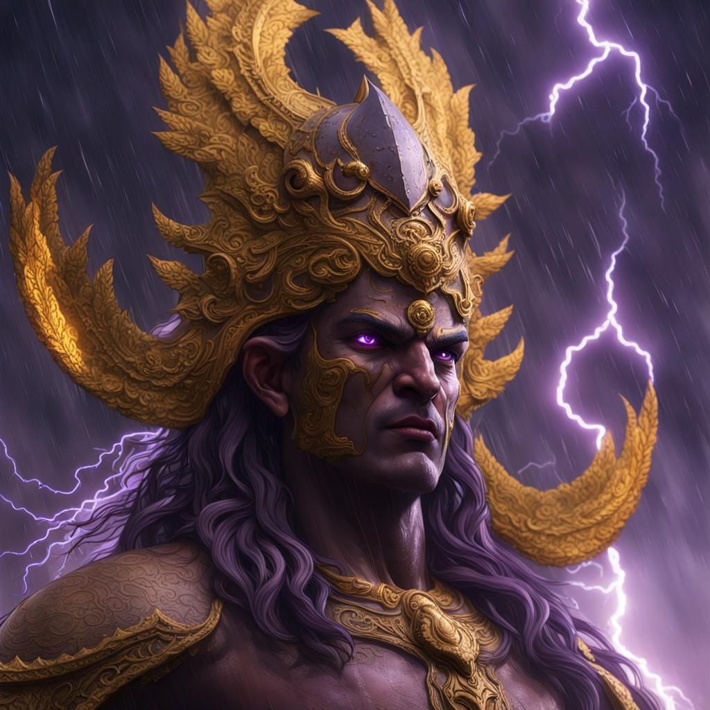Indra, God of Storms, Casting Lightning: Dark Fantasy Art