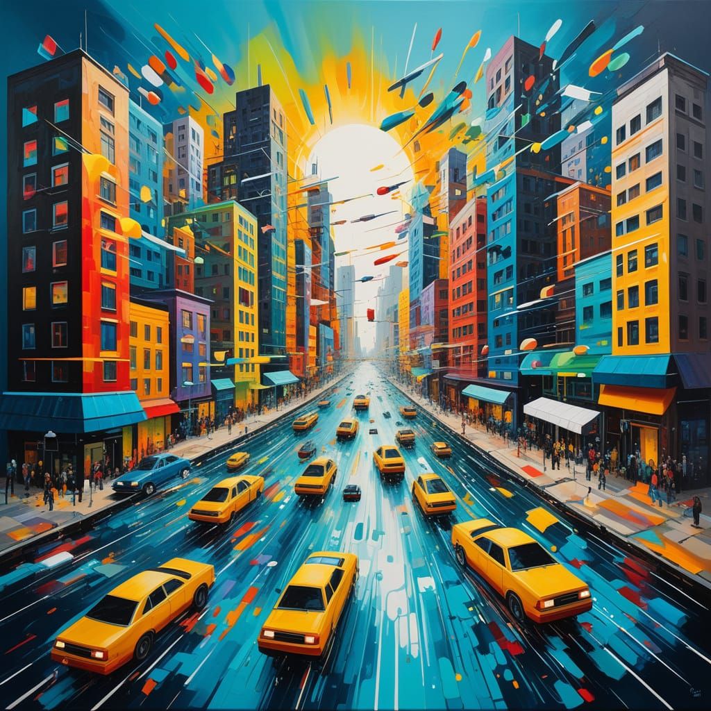 Abstract Cityscape of Sound Waves and Light Rivers