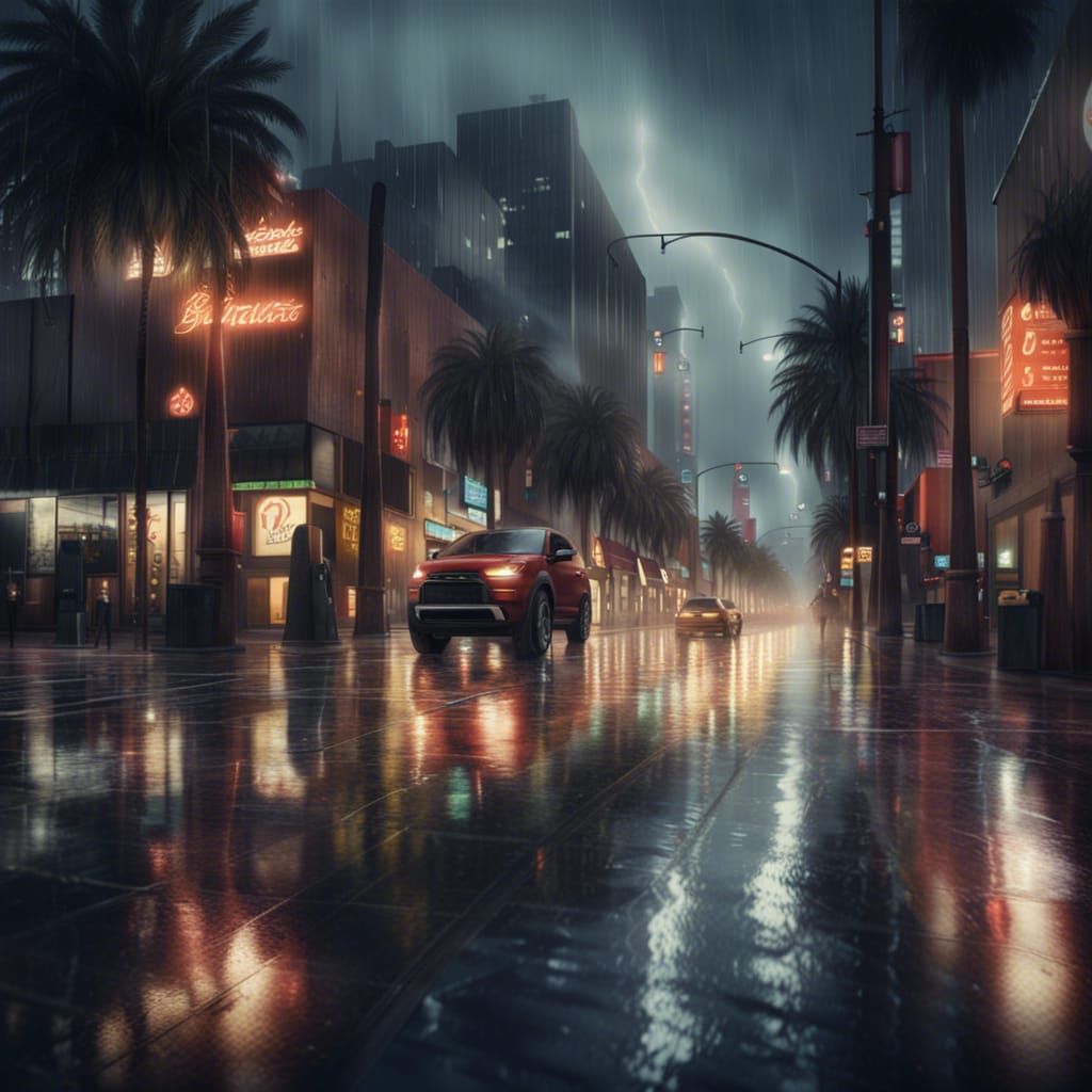 Rainy Los Angeles Street Scene in Digital Painting Style