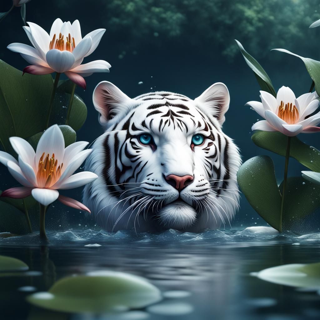 White Tiger in Lily Stream: Realistic Matte Painting