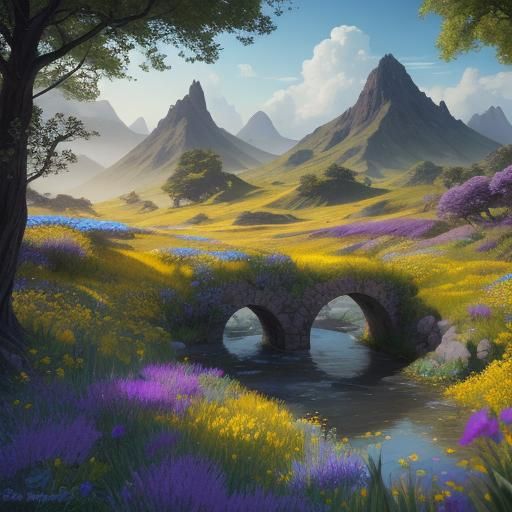 Wildflower Landscape Under Blue Sky: Fantasy Concept Art