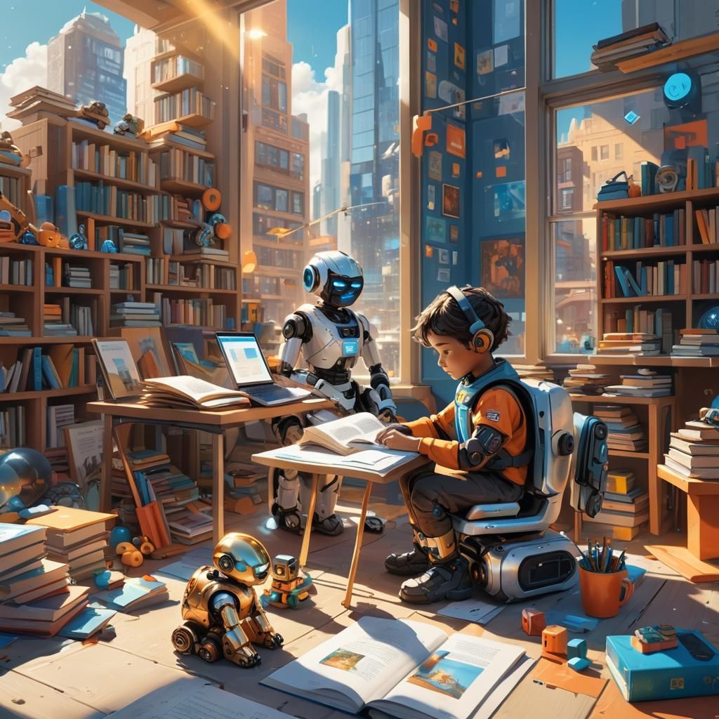 Child and AI Robot Companion in Futuristic City