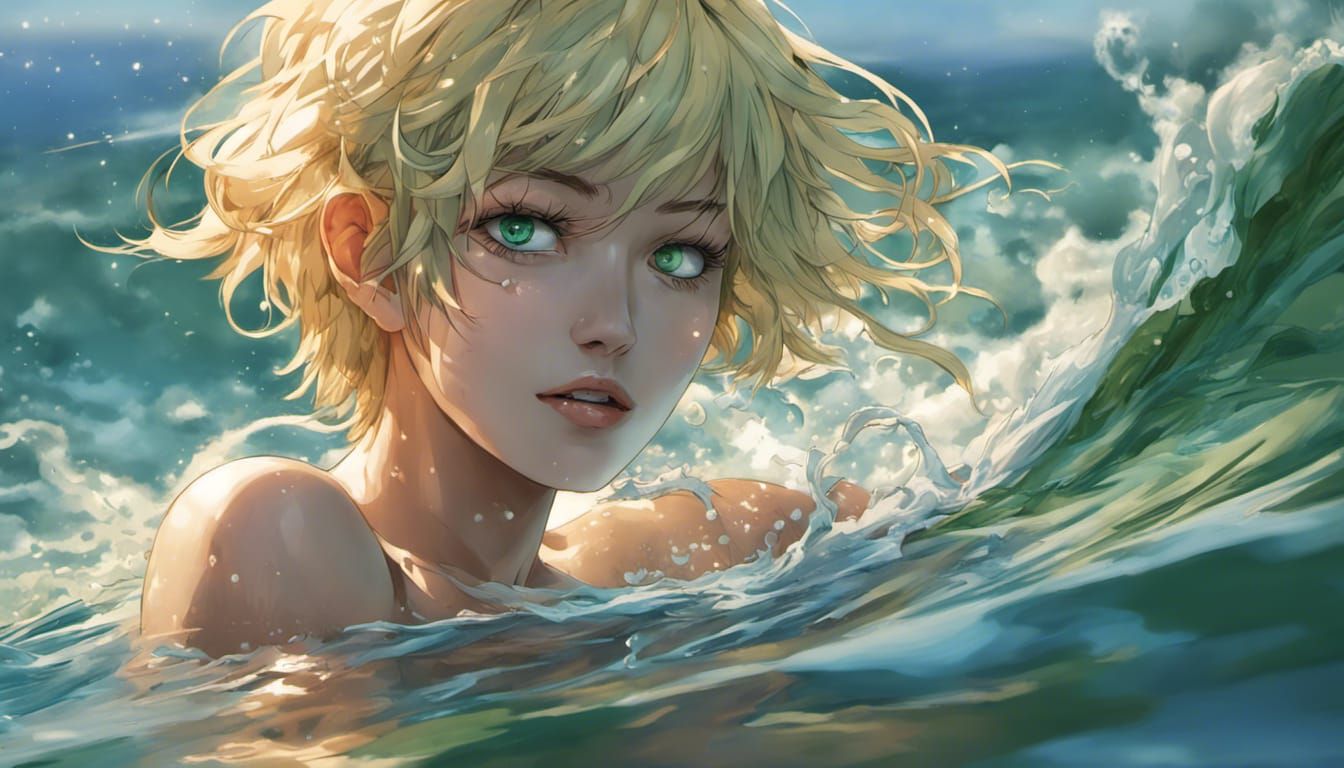 Anime Woman Swimming in Ocean, Manga Style