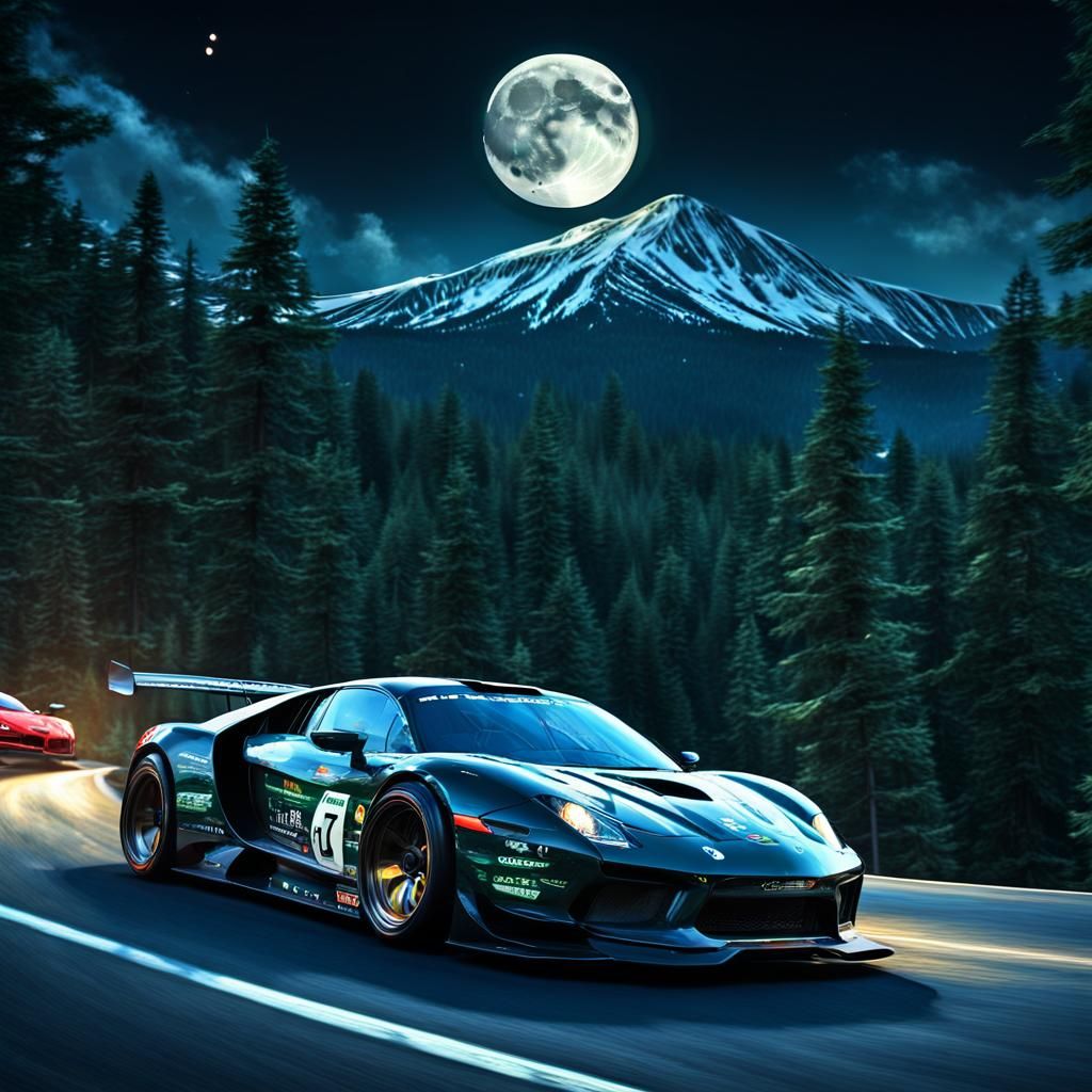 Cars Race Through Forest Under Full Moon