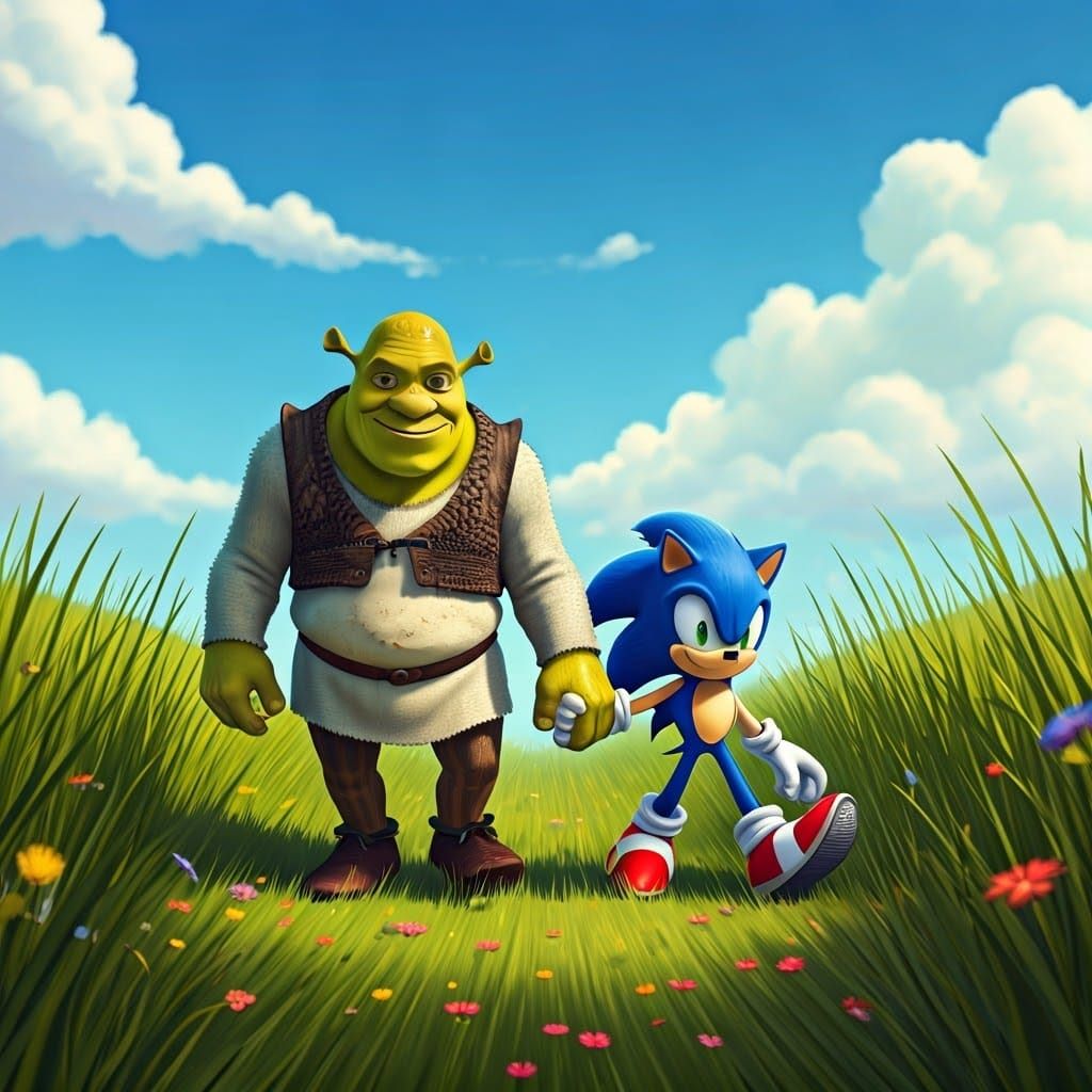 Shrek and Sonic Share a Heartwarming Moment in a Vibrant Fie...