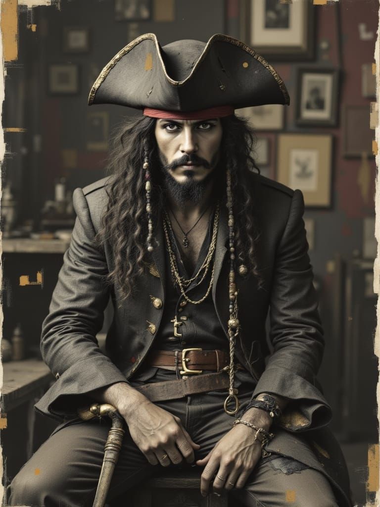 Pirate Portrait with Cutlass and Tricorner Cap