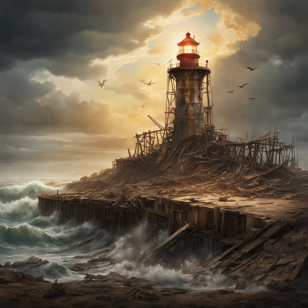 Weathered Lighthouse Endures Post-Apocalyptic Ruin in Vibran...