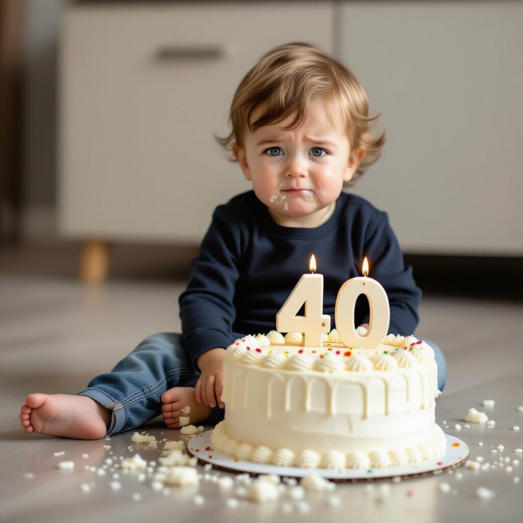 Crying Toddler Next to Ruined 40th Birthday Cake