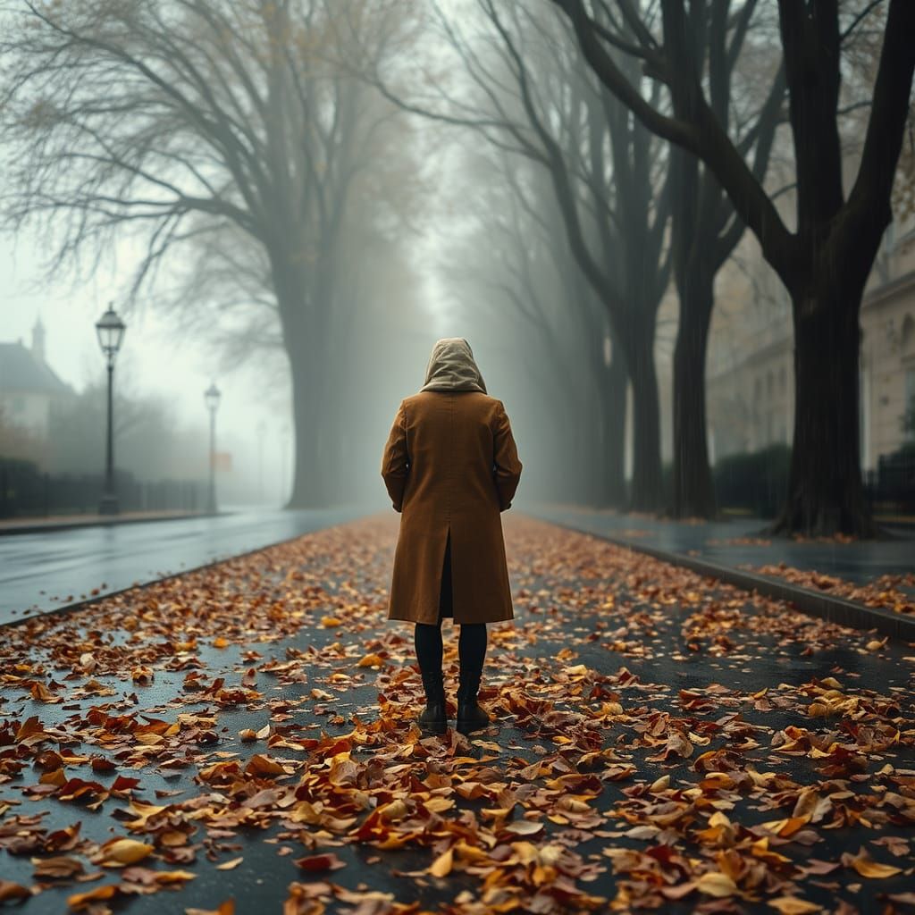 Rainy Day Scene with Figure in Impressionist Style