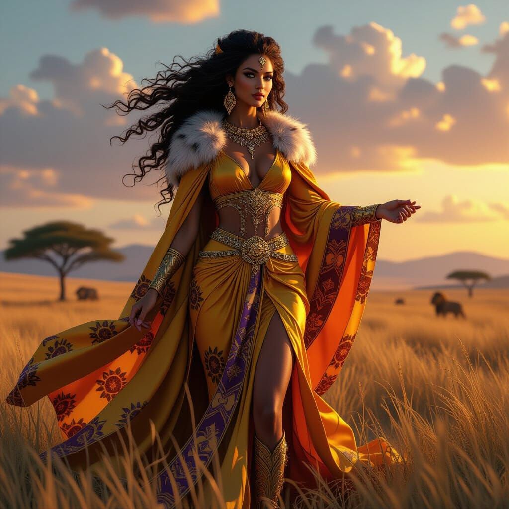 A majestic and powerful woman goddess is presented in a lion...