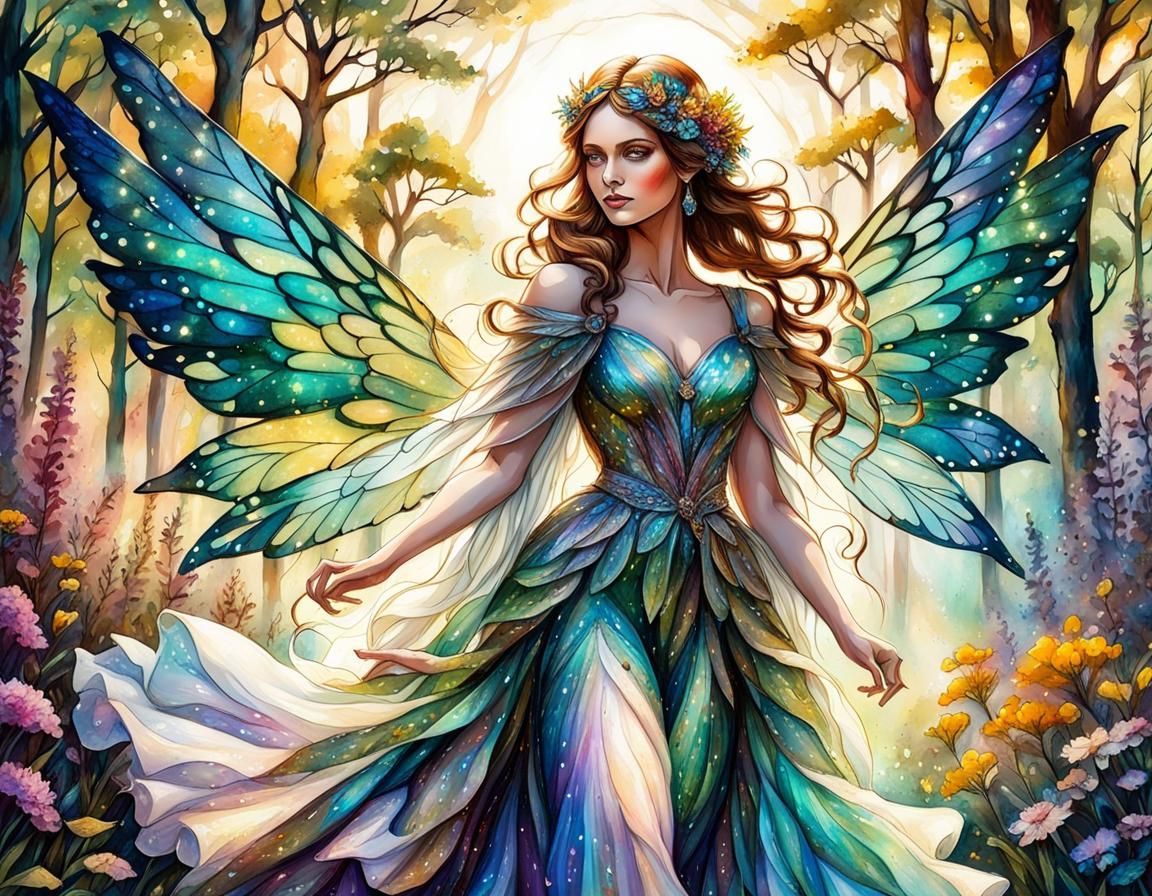 Glittery Forest Fairy in Alcohol Ink Style