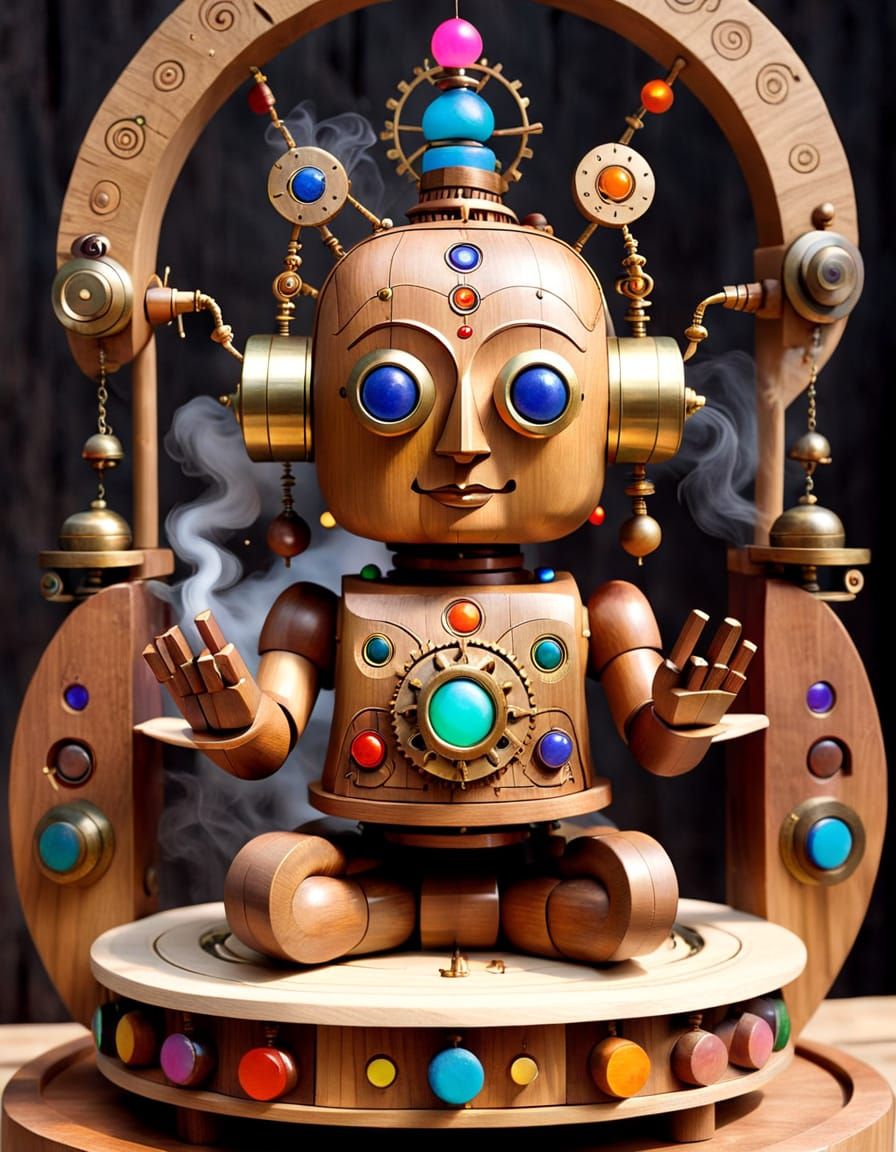 Meditating Wooden Automata Contemplating if it Has a Navel