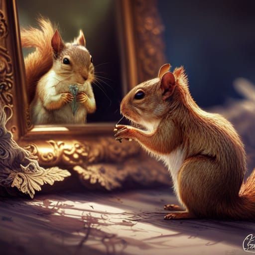 Squirrel Gazes in Mirror, Digital Art Style