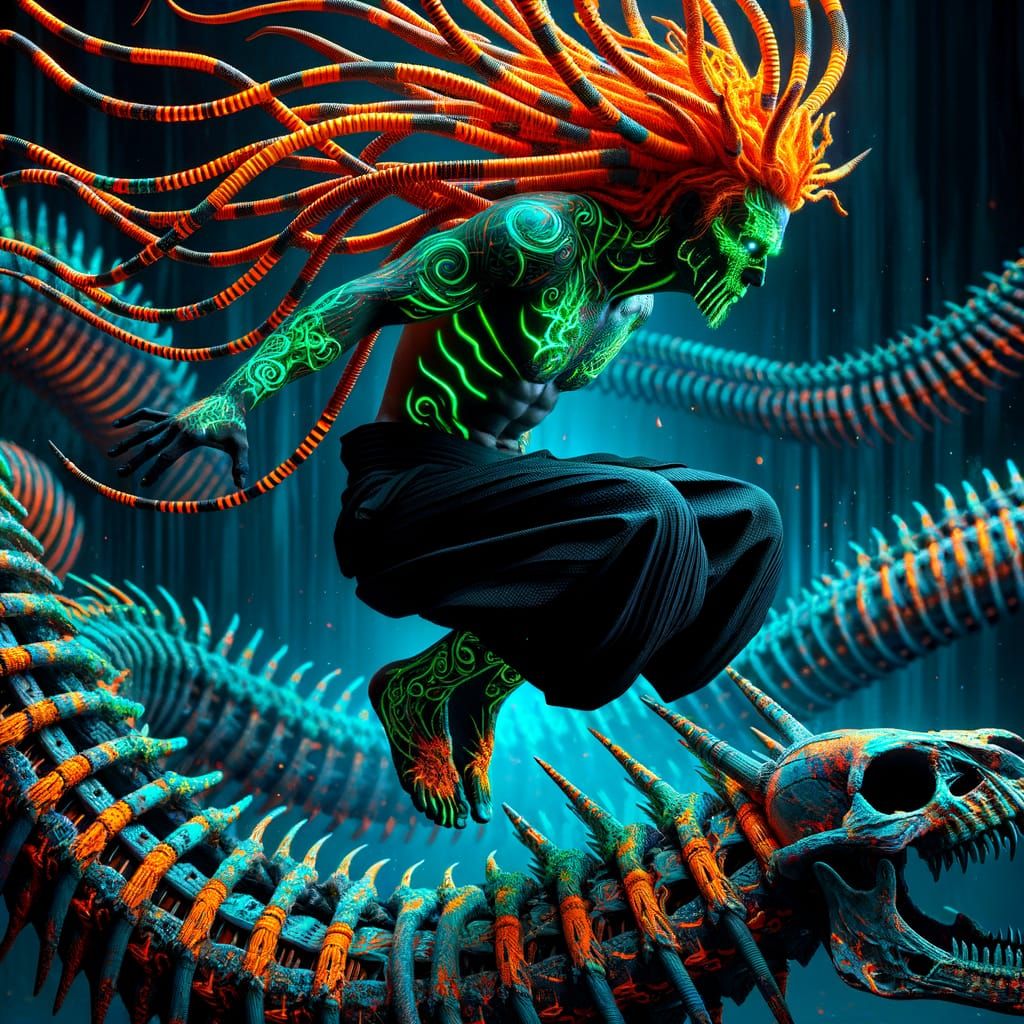 Glitching Warrior Levitates Above Neon Serpent