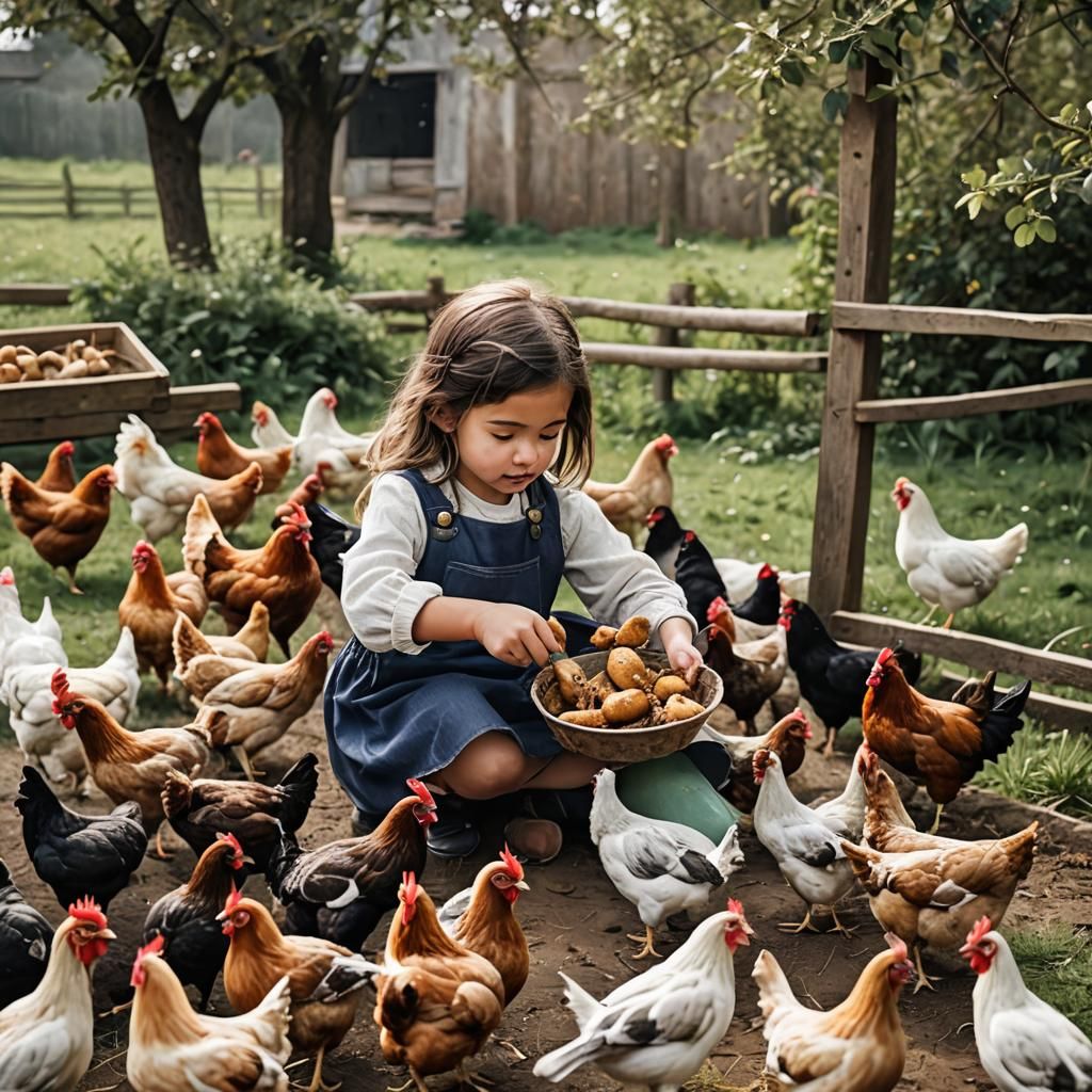Girl Feeding Chickens on the Farm