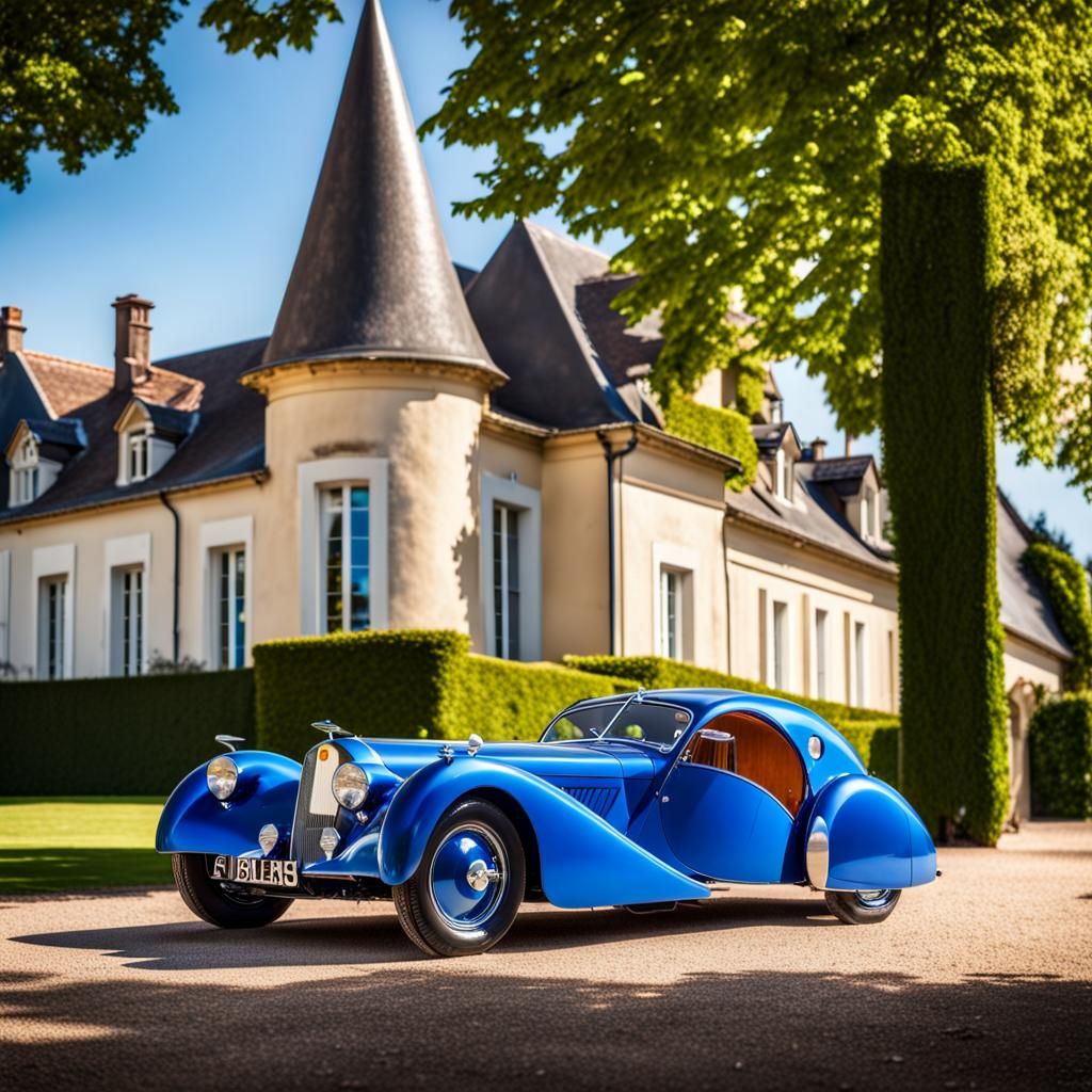 Bugatti Atlantic Type 57 painted in gleaming Bugatti Blue livery and viewed from a three quarter angle pictured in front...