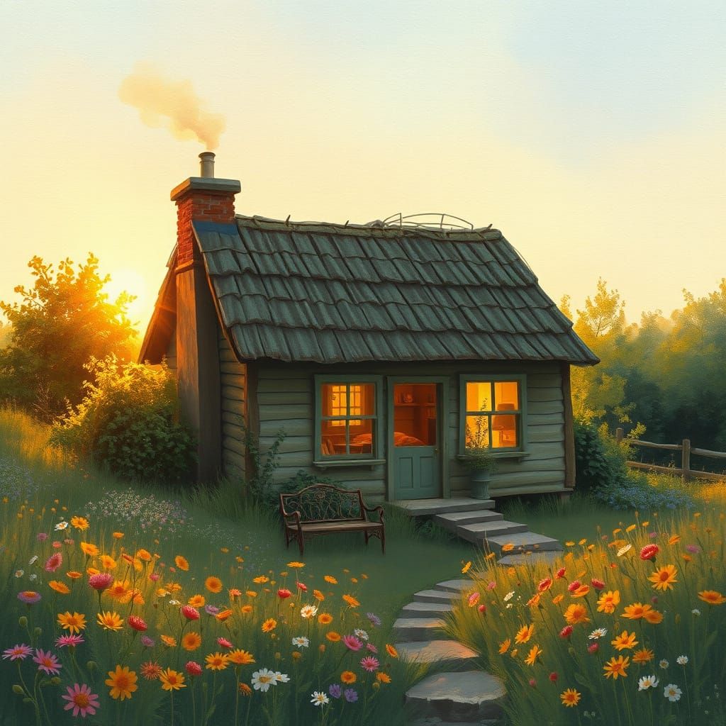Cozy Cottage in Wildflower Field at Sunset