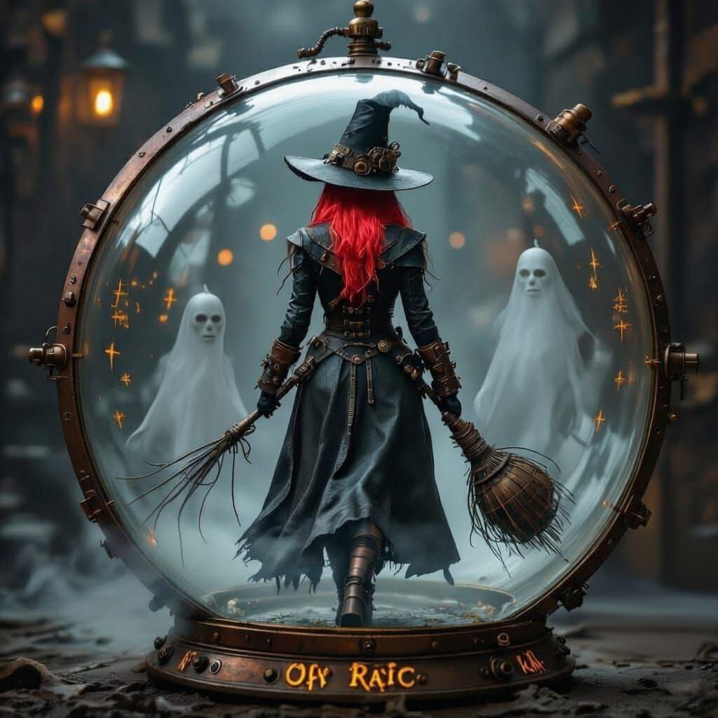 Dark Steampunk Witch in Glowing Glass Orb
