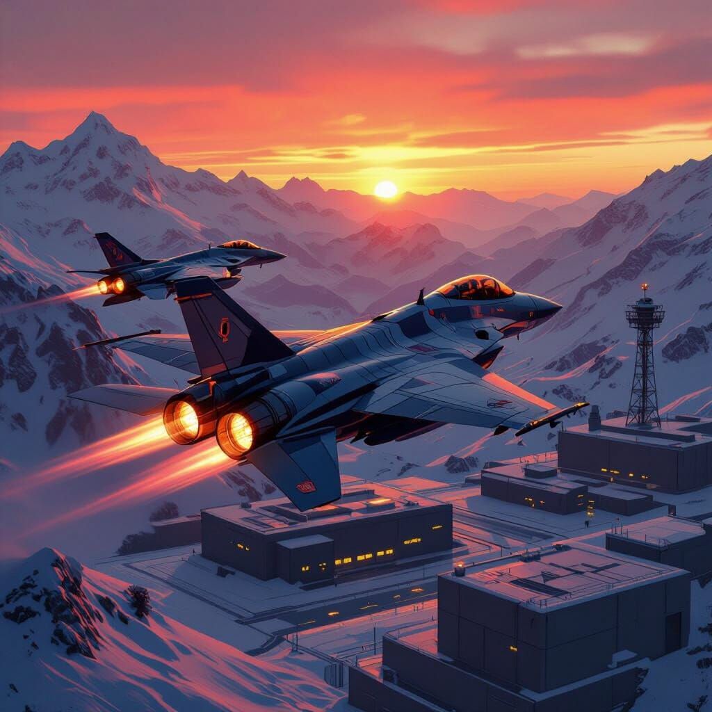 Futuristic Fighter Jets Soaring Over Military Base at Sunset