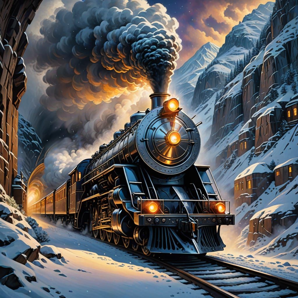 Silver Locomotive Emerges: Art Deco Painting