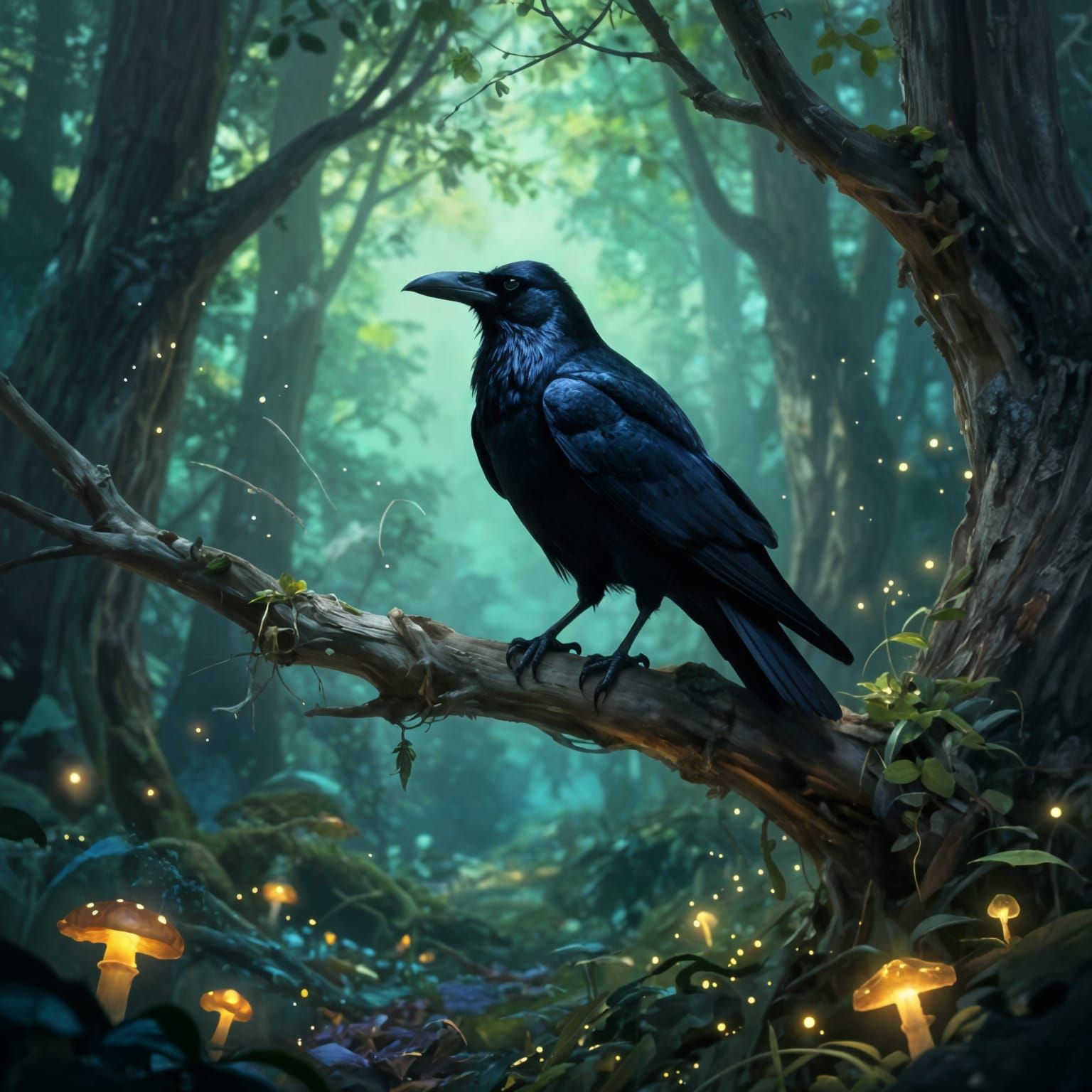 Mystical Raven in Enchanted Twilight Forest