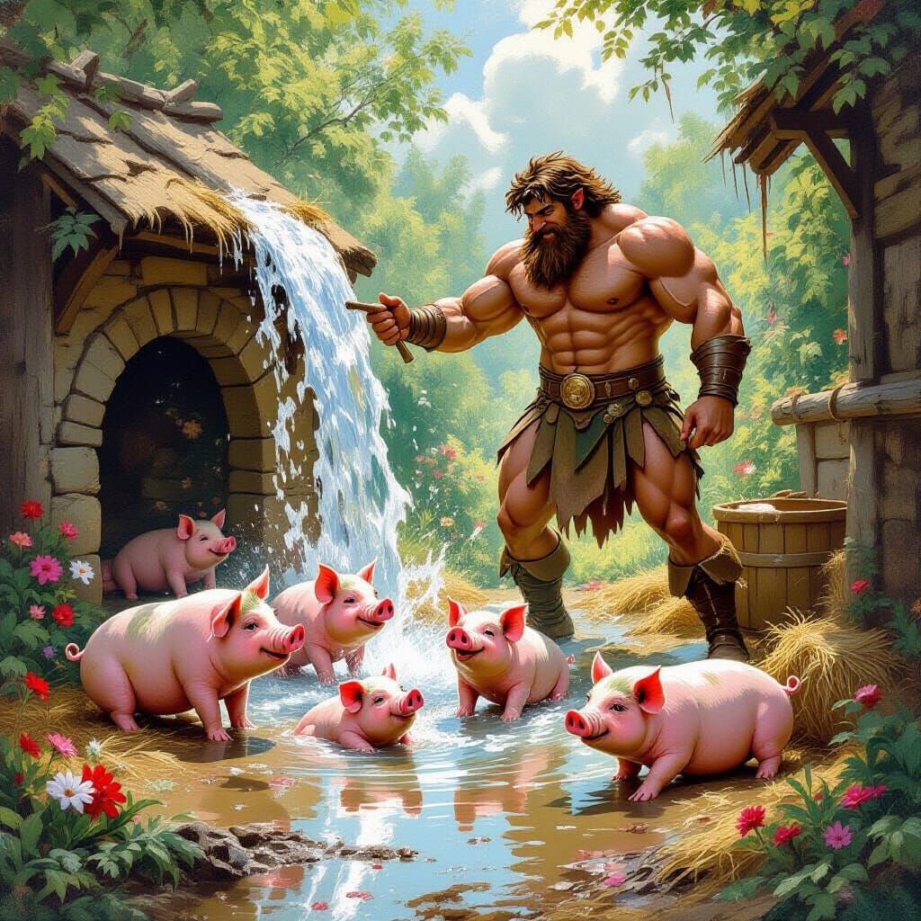 Heracles Cleans Pigsty in Fragonard Style