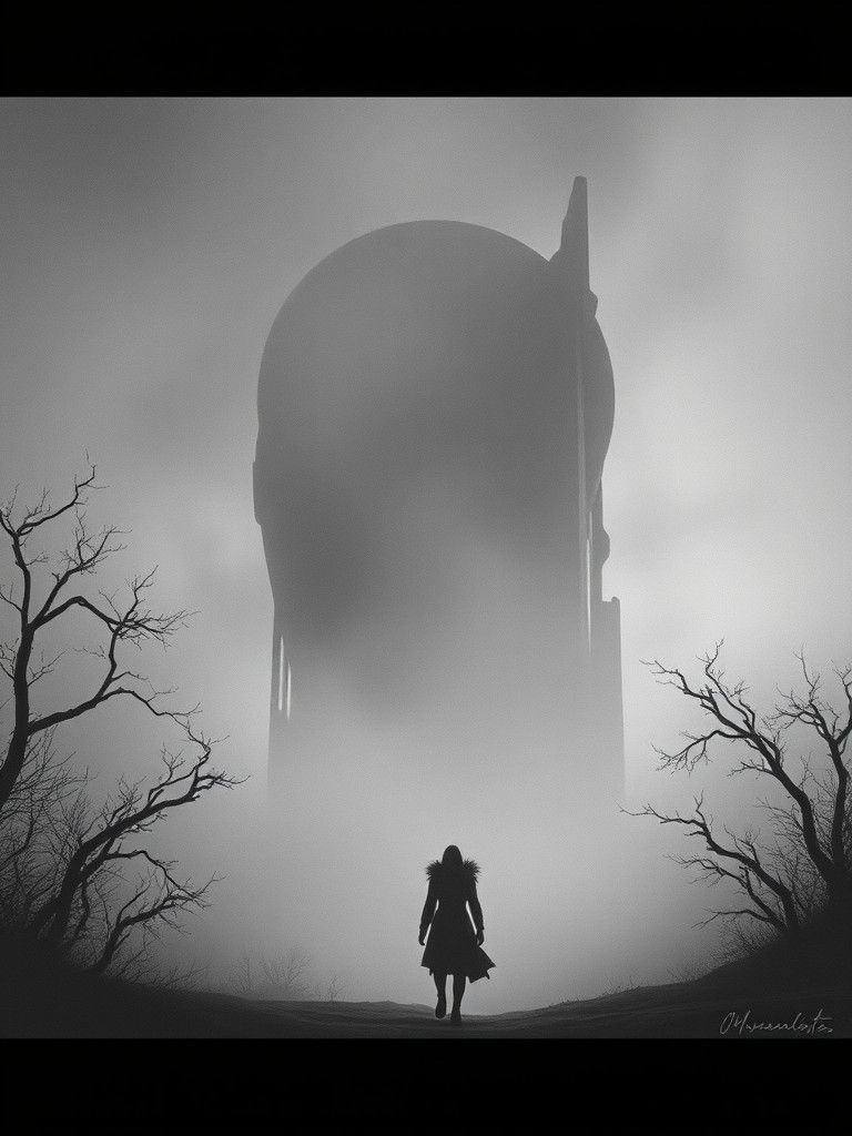 Ominous Retrofuturistic Scene in Mist