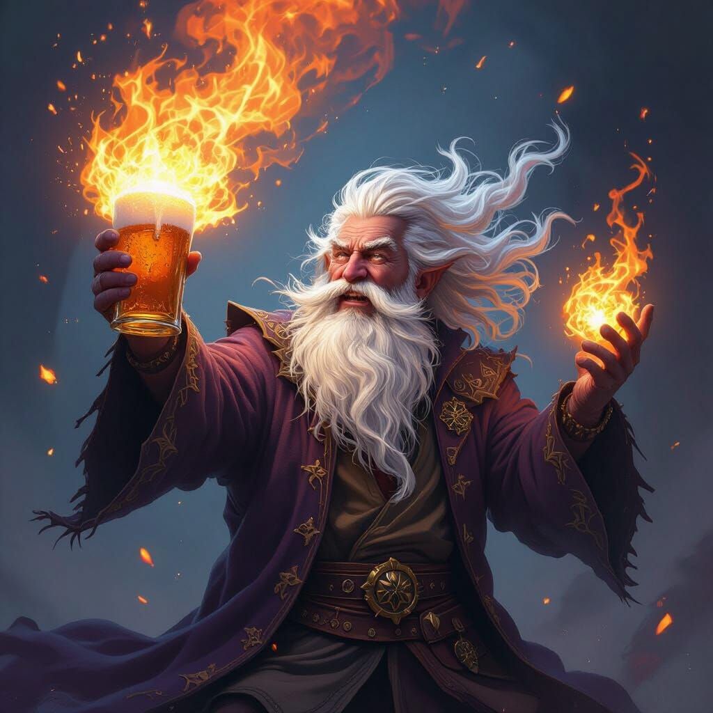 Drunk Wizard Unleashes Fireball Holding Beer
