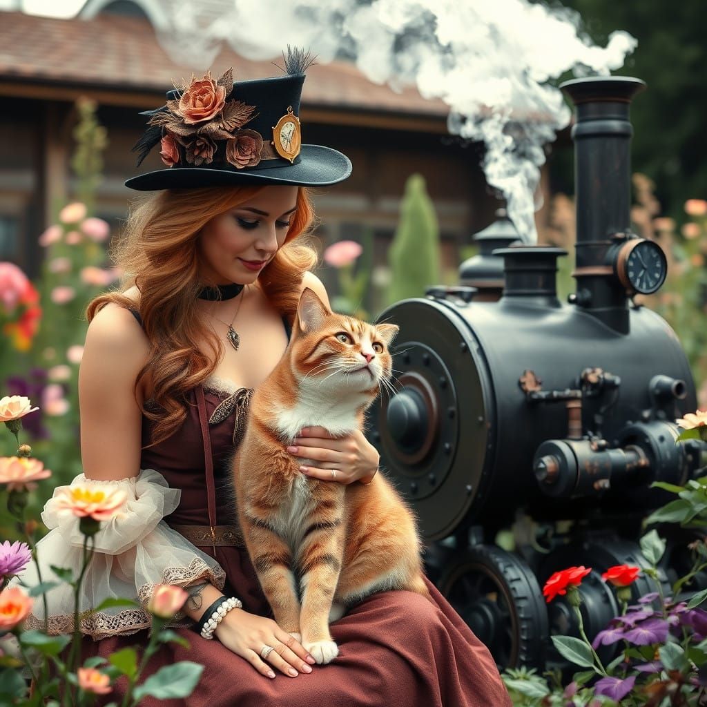 Steampunk Cat and Cat Woman in Whimsical Garden Oasis