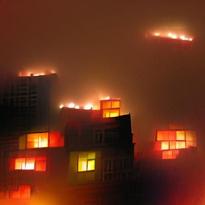 Burning Buildings Glow in Foggy Night Sky