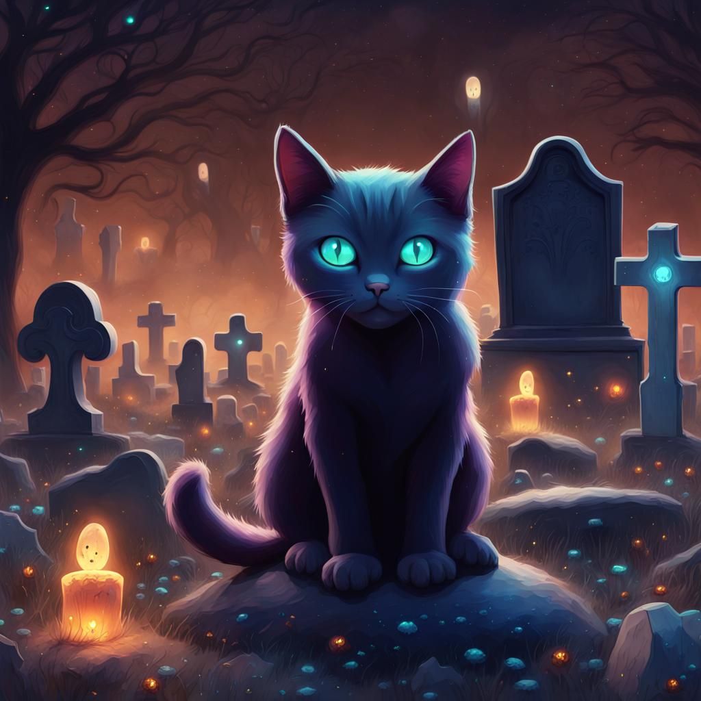 Adorable Cat Spirit in Graveyard, Pixar Style