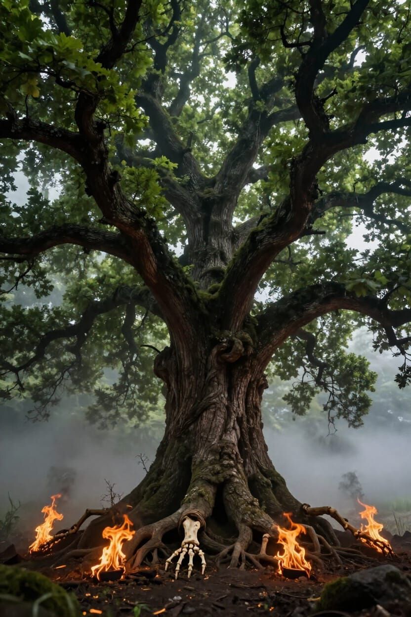 Massive Oak Tree With Skeletal Roots and Fiery Base