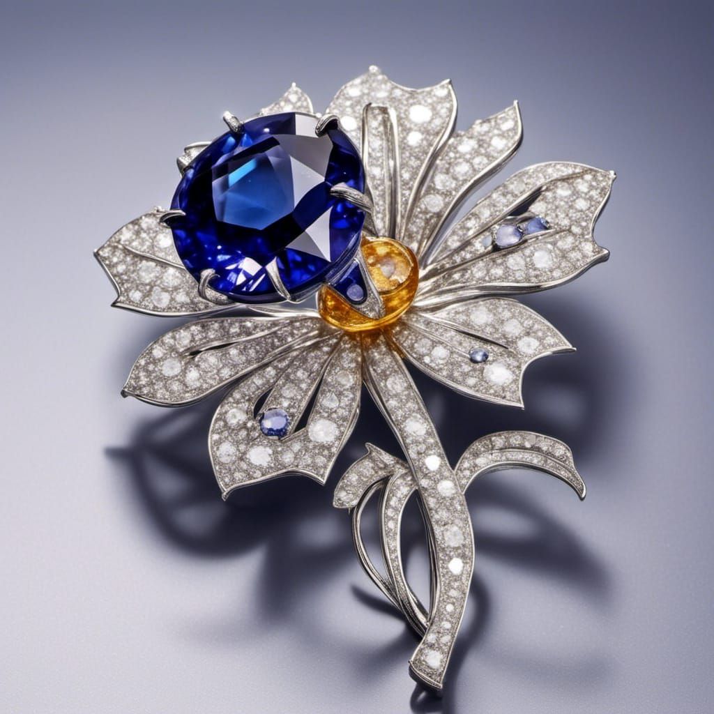 Sapphire and Diamond Flower Brooch