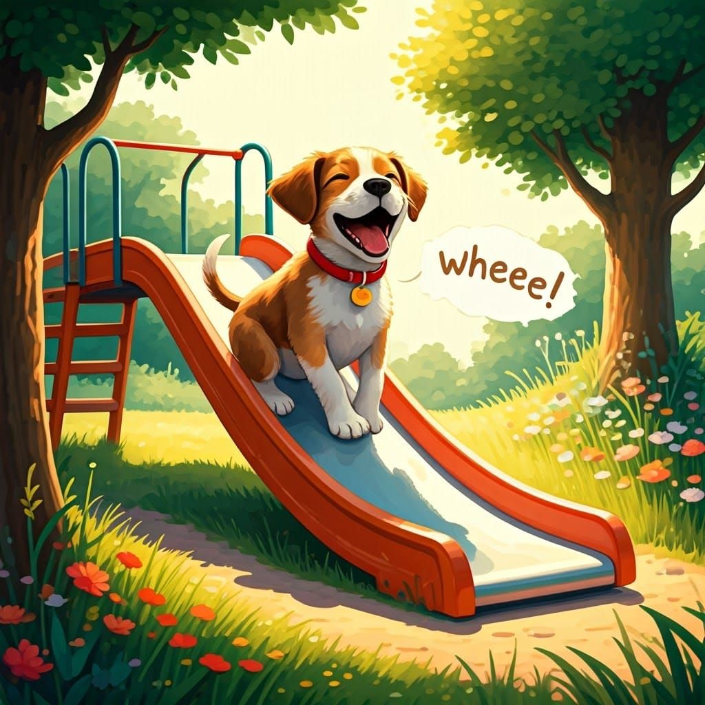 Joyful Puppy Slides Down Playground, Watercolour Style