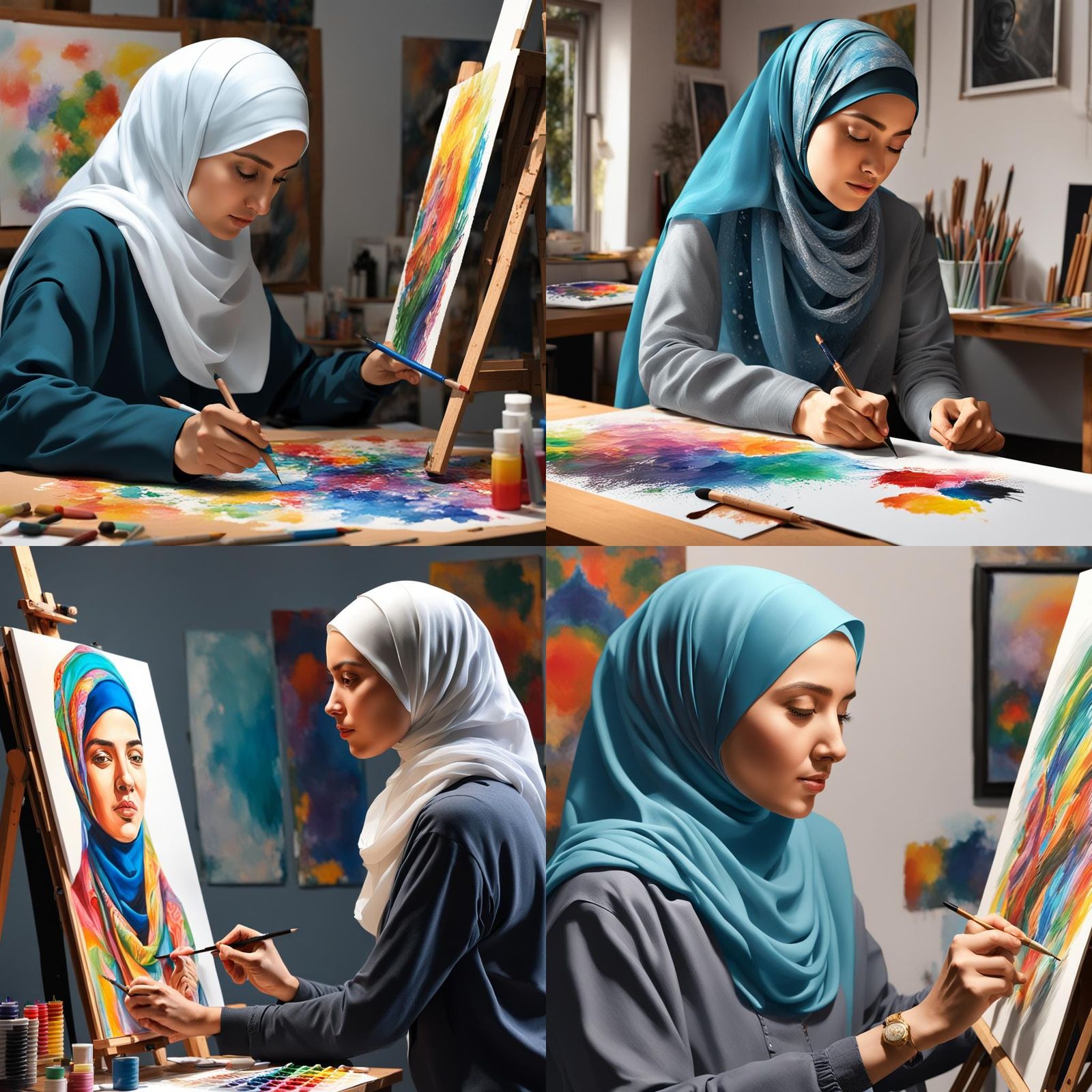 Hyperrealistic Artist Painting in Studio with Dramatic Light...