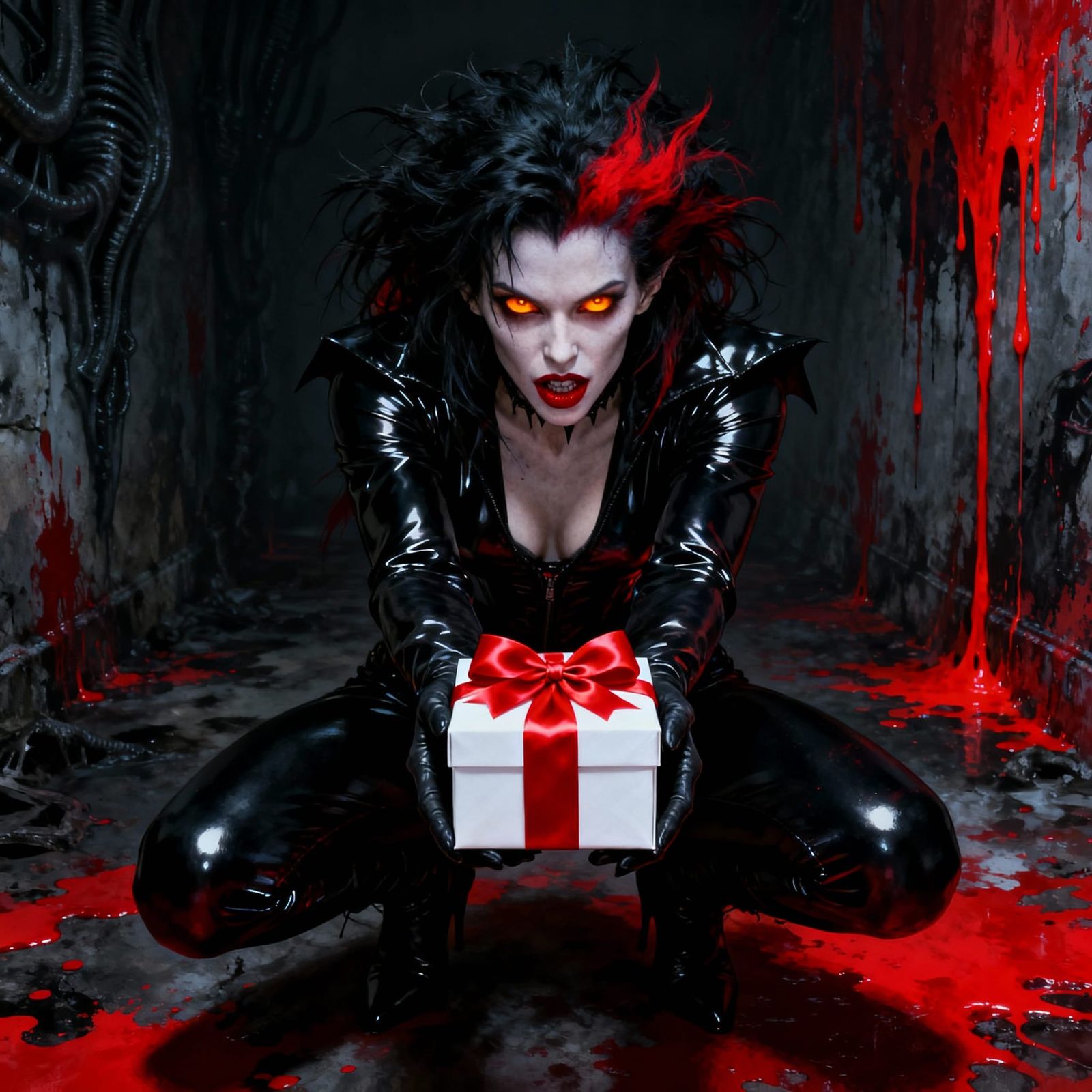 Gothic Vampiress with Gift Box in Dark Fantasy Style