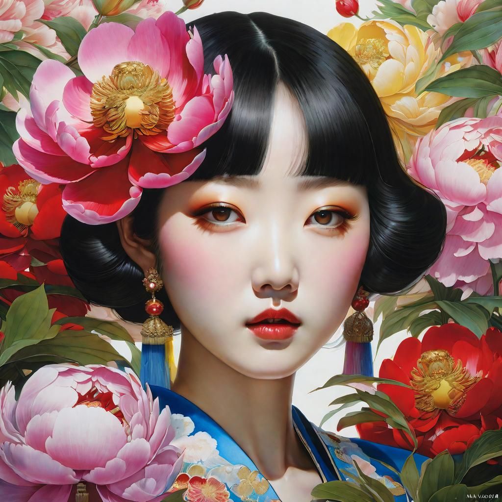 Watercolor Paeonia Portrait in CGI Fine Art Style