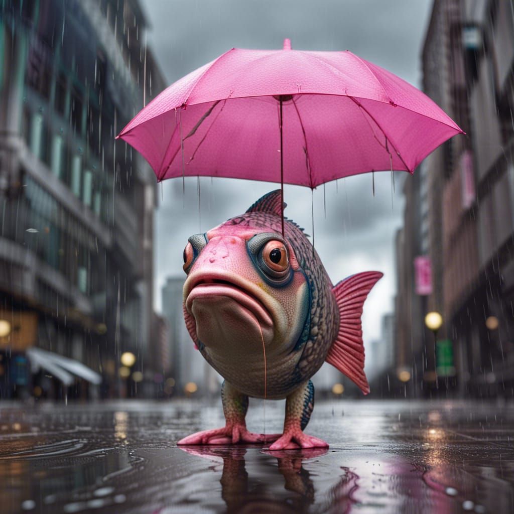 Hyperrealistic Fish Hybrid in Rainy City Street