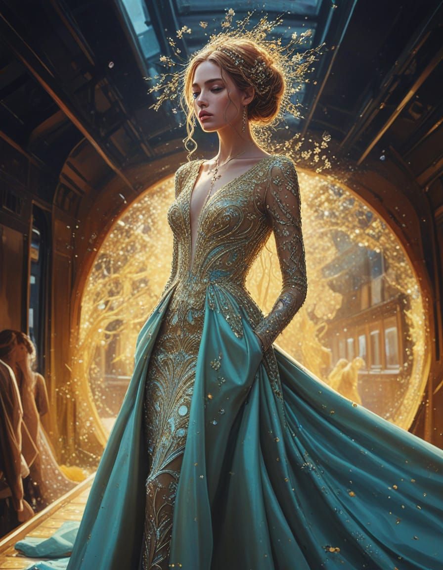 Fashionable Woman in Sparkly Yellow Gown