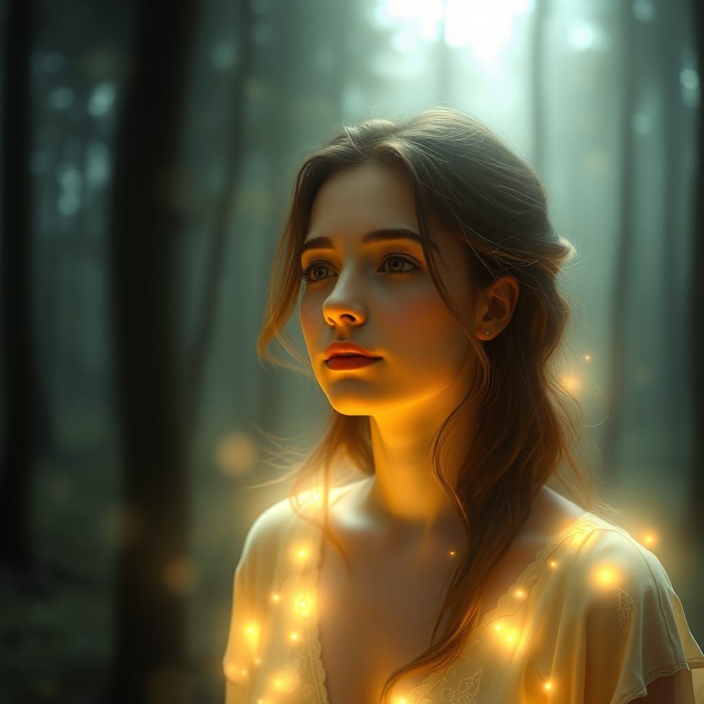 Serene Figure in Ethereal Forest Glow