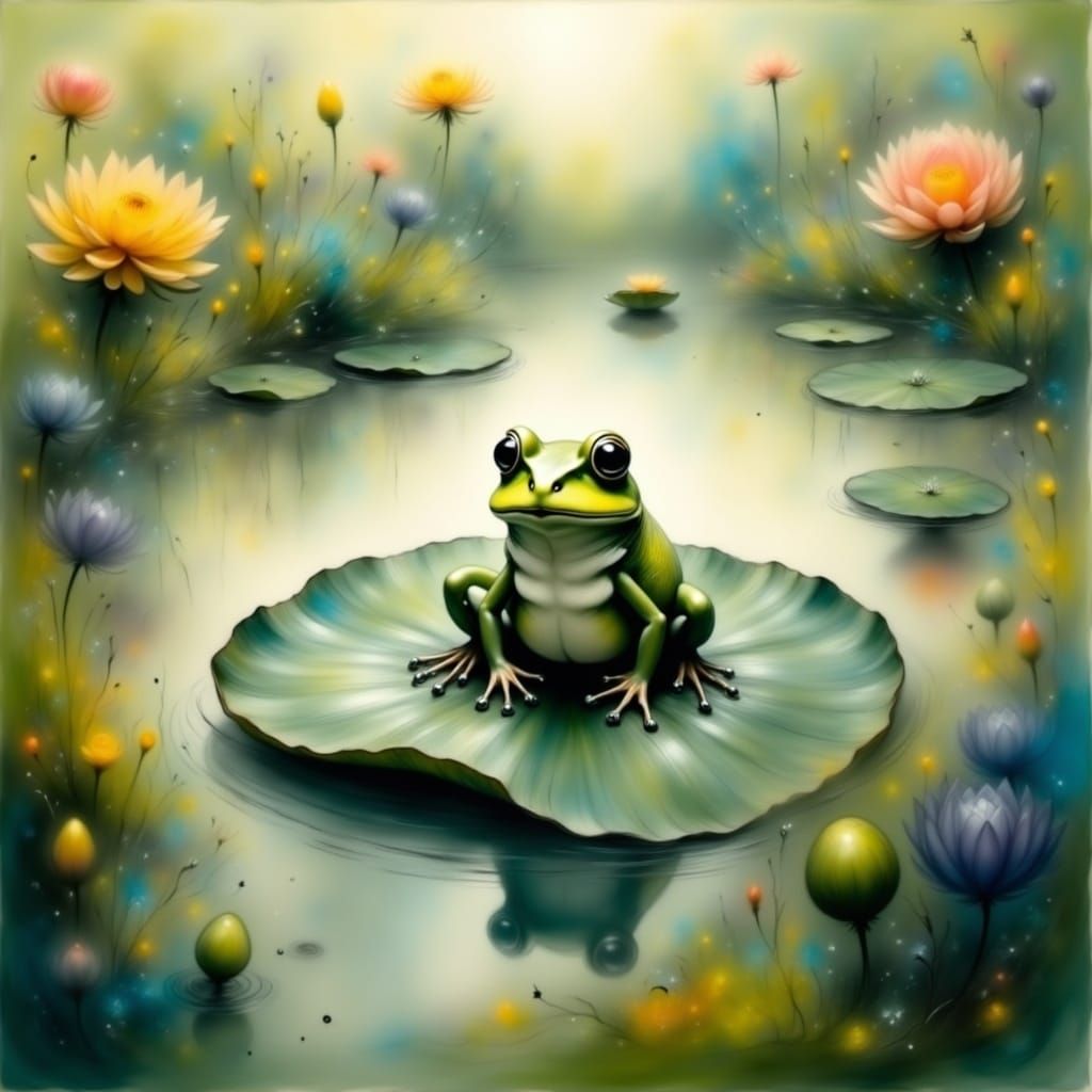 Prince Frog on Water Lily in Dreamy Illustration