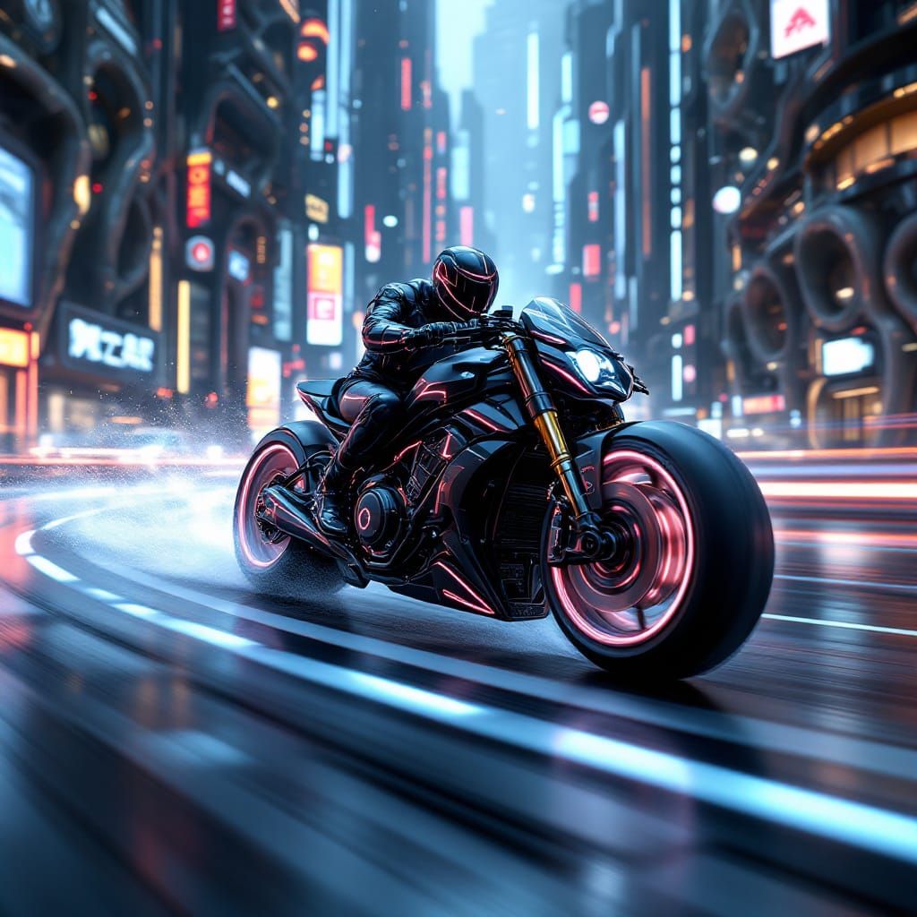 Futuristic Steampunk Motorcycle in Neon City