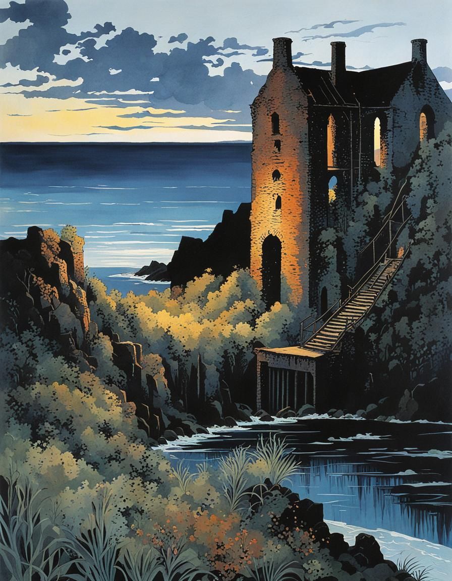 Romantic Ruins of Seaside Tin Mine at Dusk