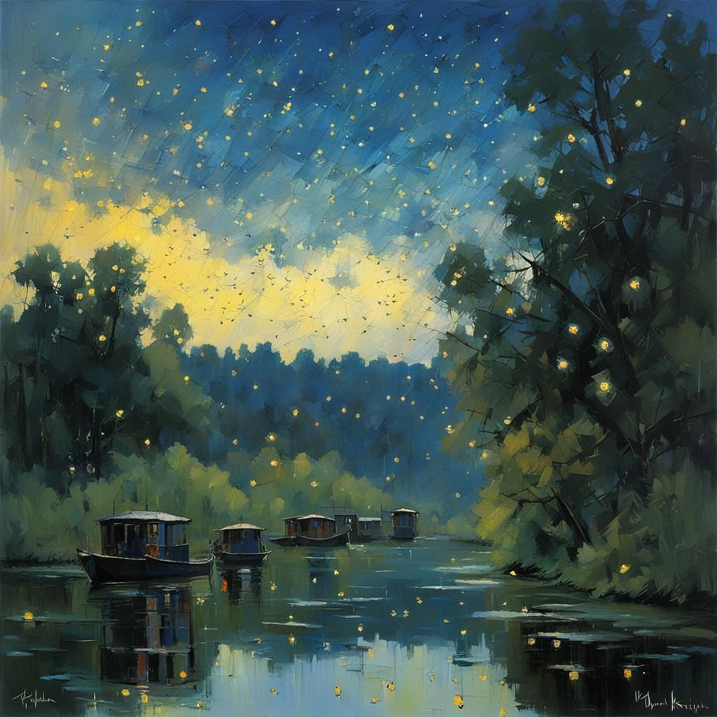 Fireflies Light Up Evening Sky Painting
