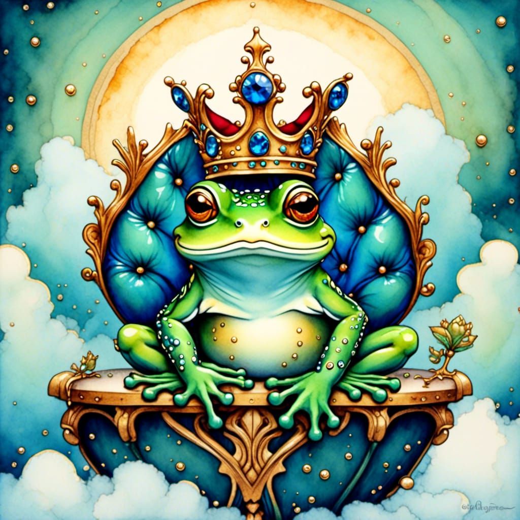 Cute Frog Prince on Jeweled Throne in Clouds