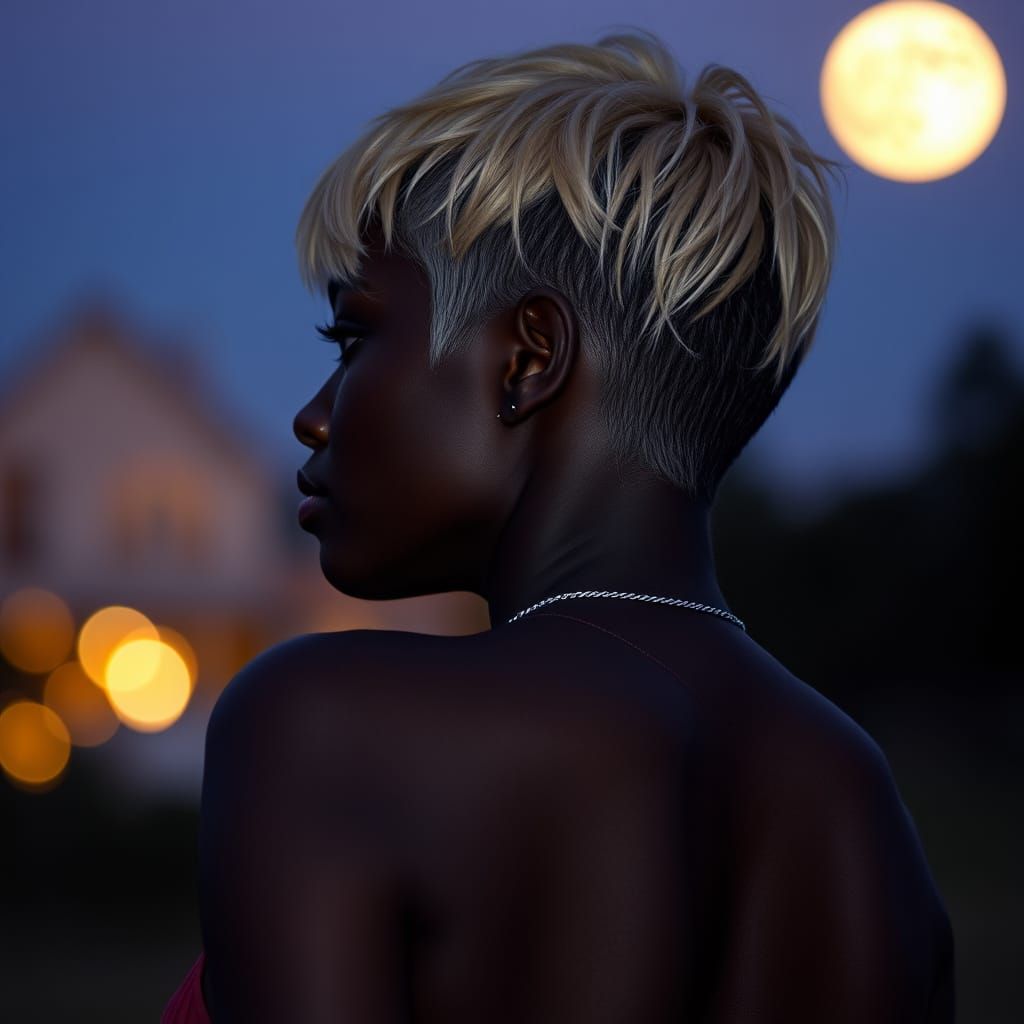 Dark Skinned Woman with Blonde Pixie Cut Under Full Moon